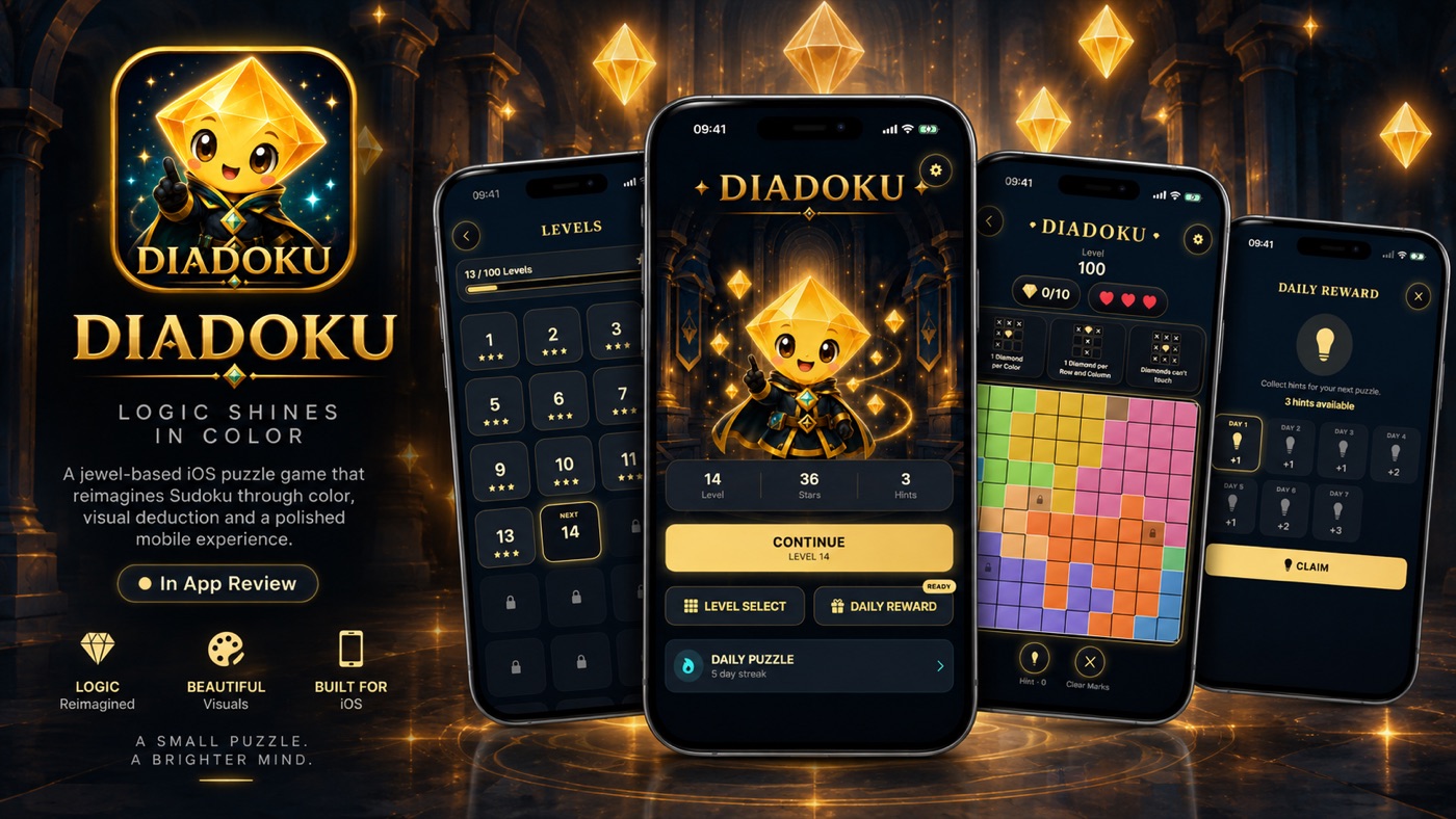 Diadoku cover artwork with the app icon and four game screens