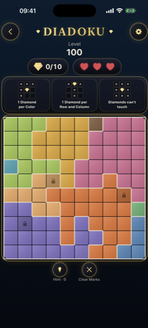 Diadoku gameplay screen with the color-region puzzle board